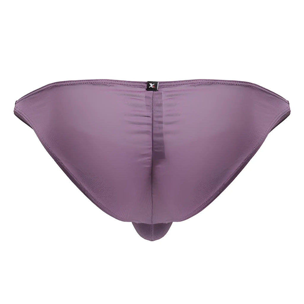 Purple satin microfiber briefs with central seam and small black logo on waistband in blackberry color