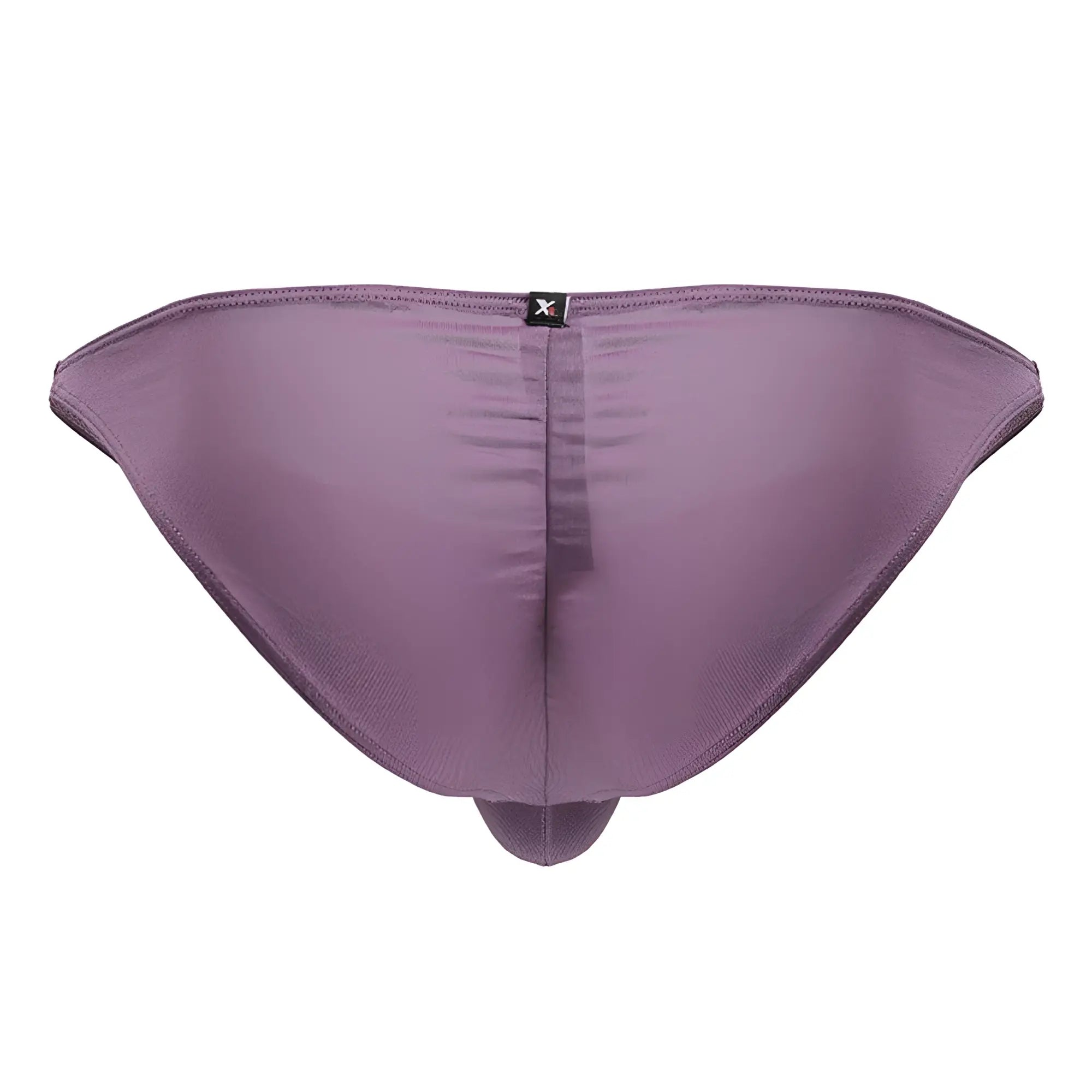 Purple satin microfiber briefs with central seam and small black logo on waistband in blackberry color