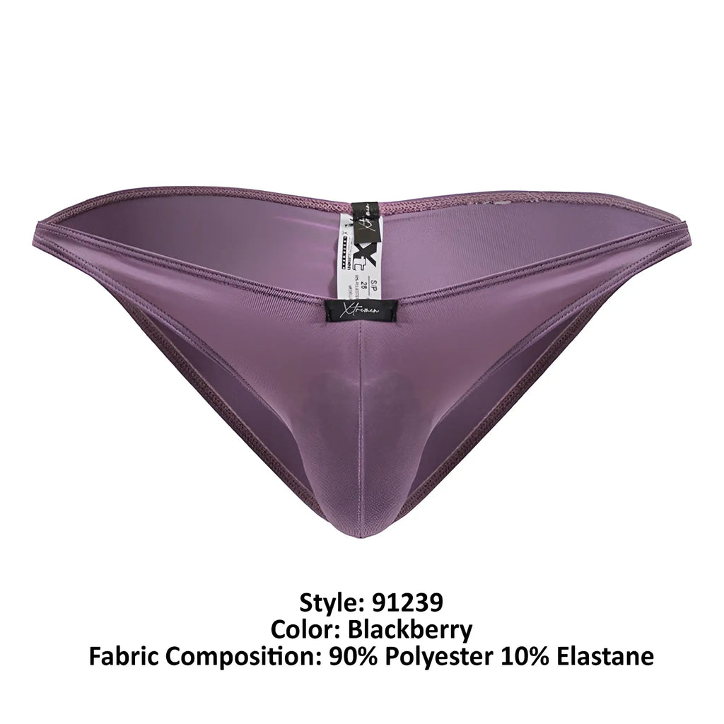Purple satin-like microfiber men’s briefs with a sleek form-fitting design and black xtremen brand tag in blackberry color