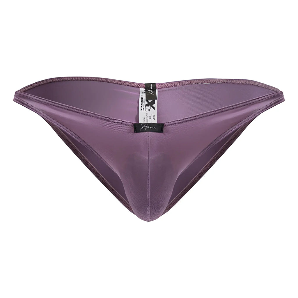 Purple satin thong with a sleek smooth texture and subtle sheen from Xtremen 91239 microfiber bikini blackberry color