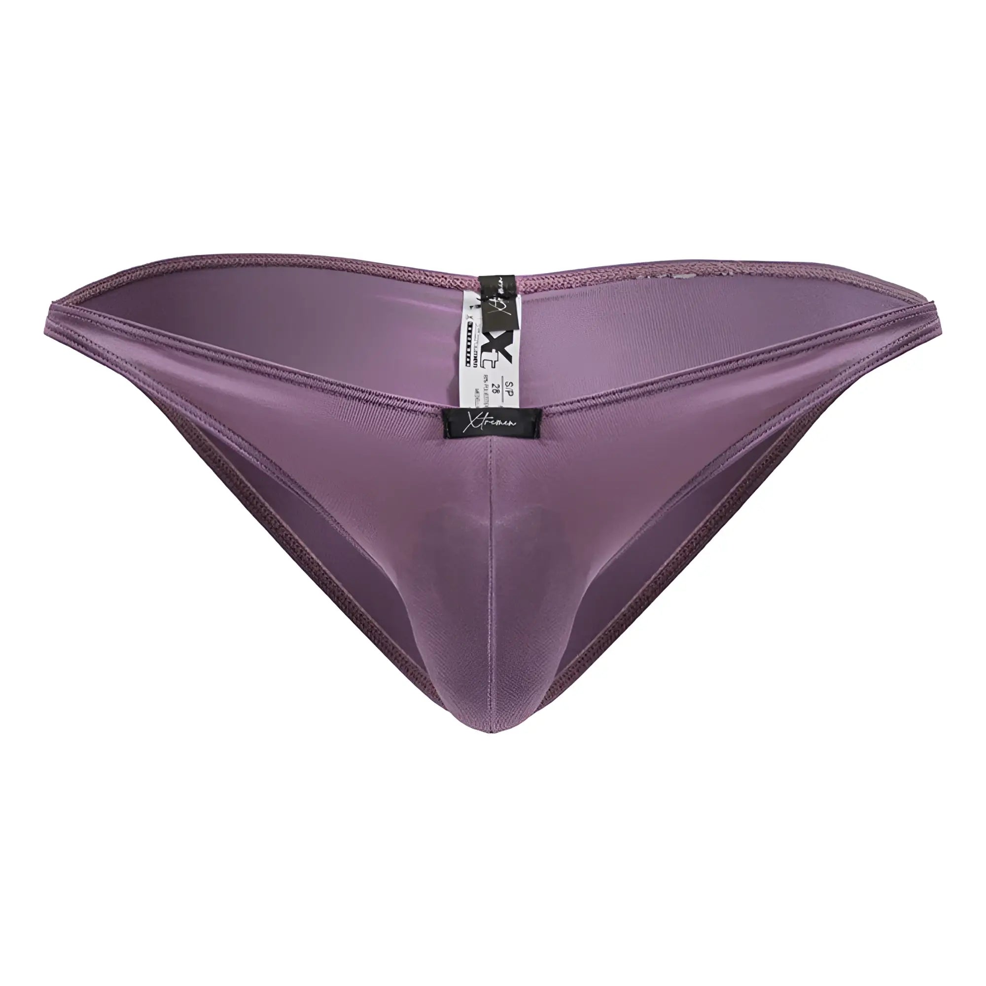 Purple satin thong with a sleek smooth texture and subtle sheen from Xtremen 91239 microfiber bikini blackberry color