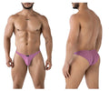 Purple thong microfiber bikini in blackberry color with smooth form-fitting design and small brand tag at the front