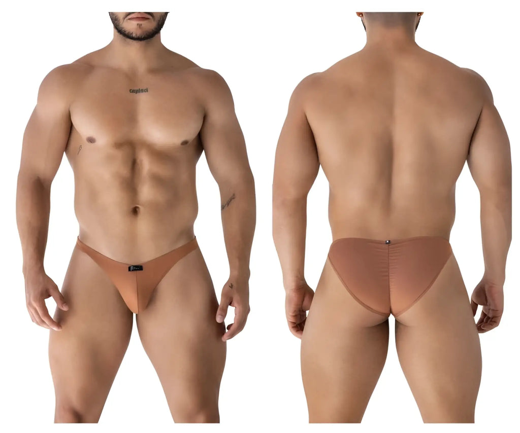 Tan xtremen 91239 microfiber bikini briefs with a subtle elastic waistband and small black brand tag at the front