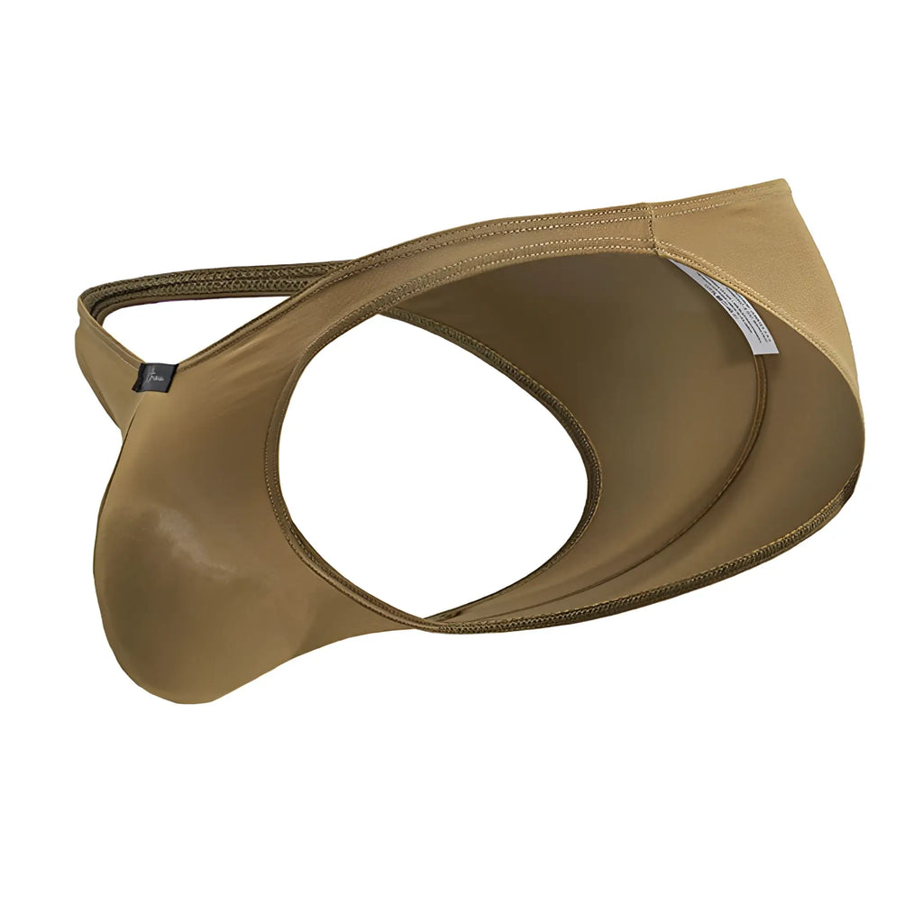 Tan glossy latex men’s briefs with contoured design and elastic waistband from Xtremen 91239 microfiber bikini brown