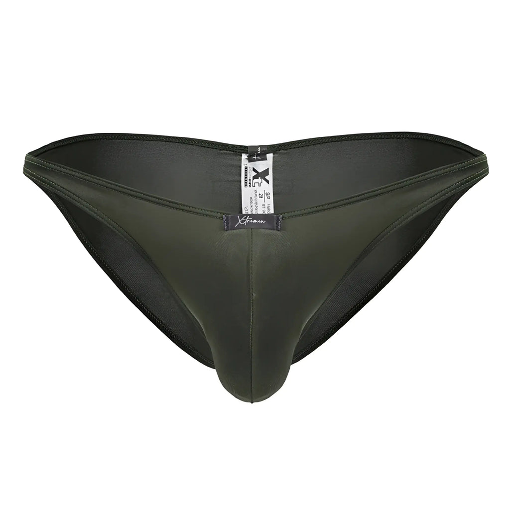 Dark olive green xtremen 91239 microfiber bikini briefs with sleek satin-like finish and form-fitting design