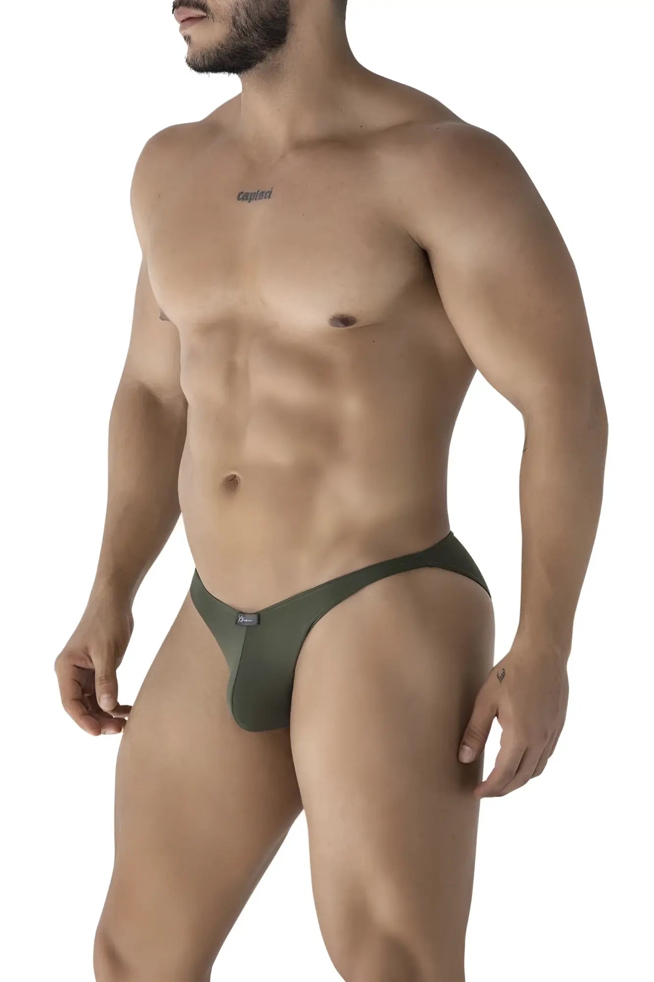 Olive green xtremen 91239 microfiber men’s thong with a small black brand tag on the waistband front view
