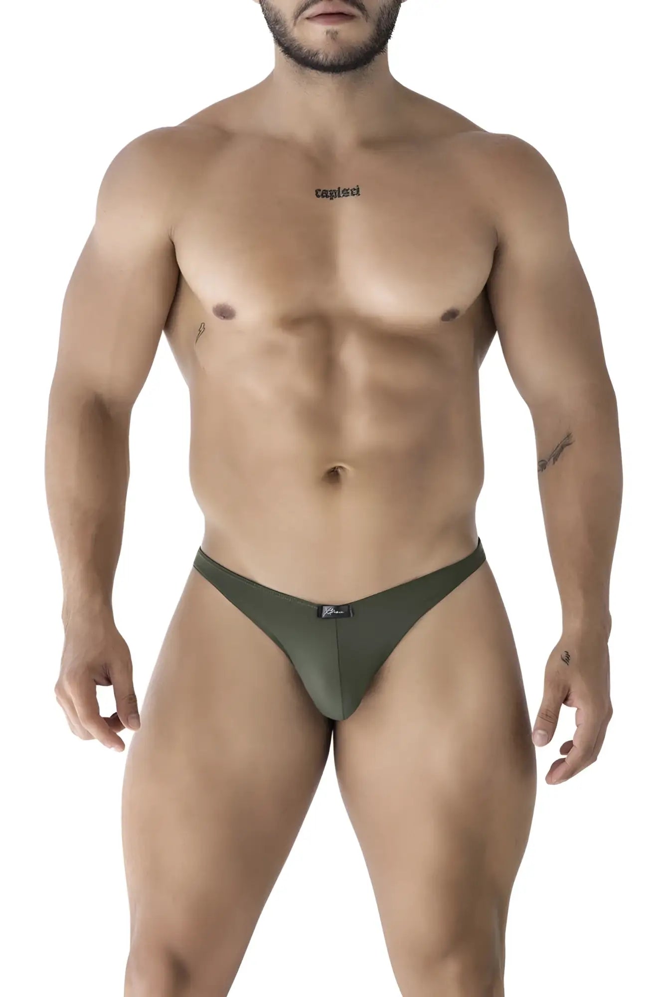 Olive green microfiber thong bikini with small black Xtremen brand tag at the waistband shown from the back side