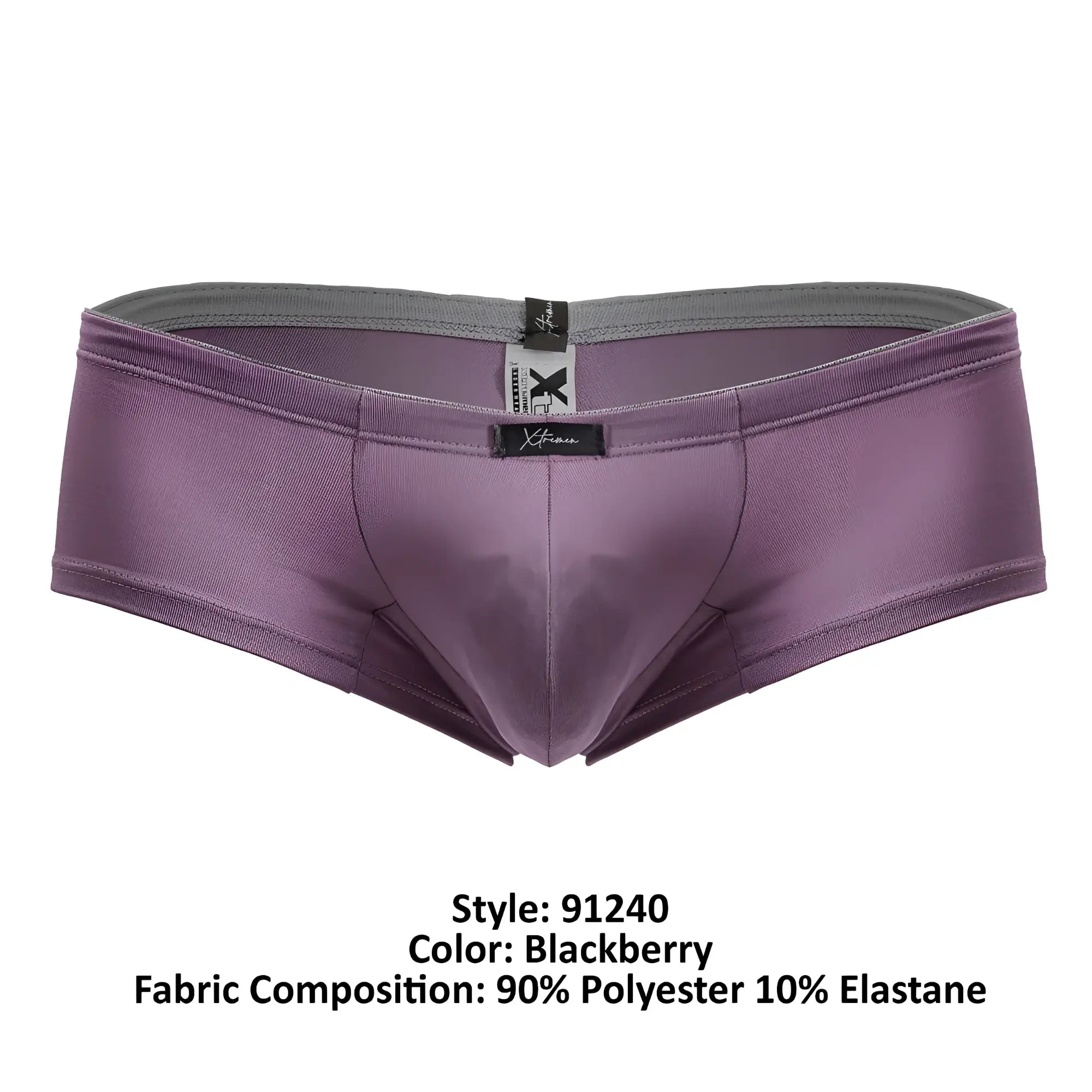 Purple xtremen 91240 microfiber trunks with gray waistband black brand tag made of 90% polyester 10% elastane
