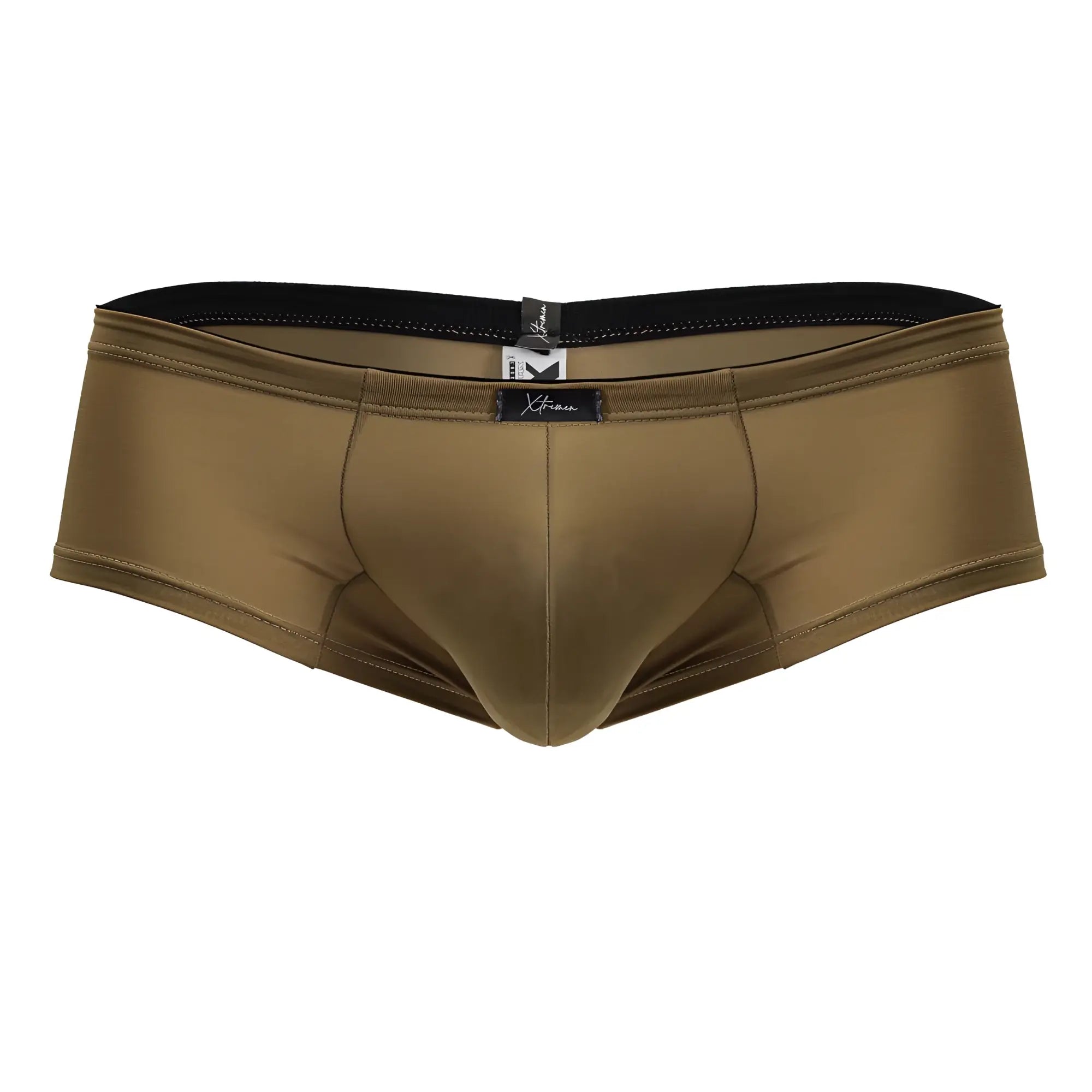 Xtremen 91240 microfiber men’s swim trunks in olive green with black elastic waistband and brand tag