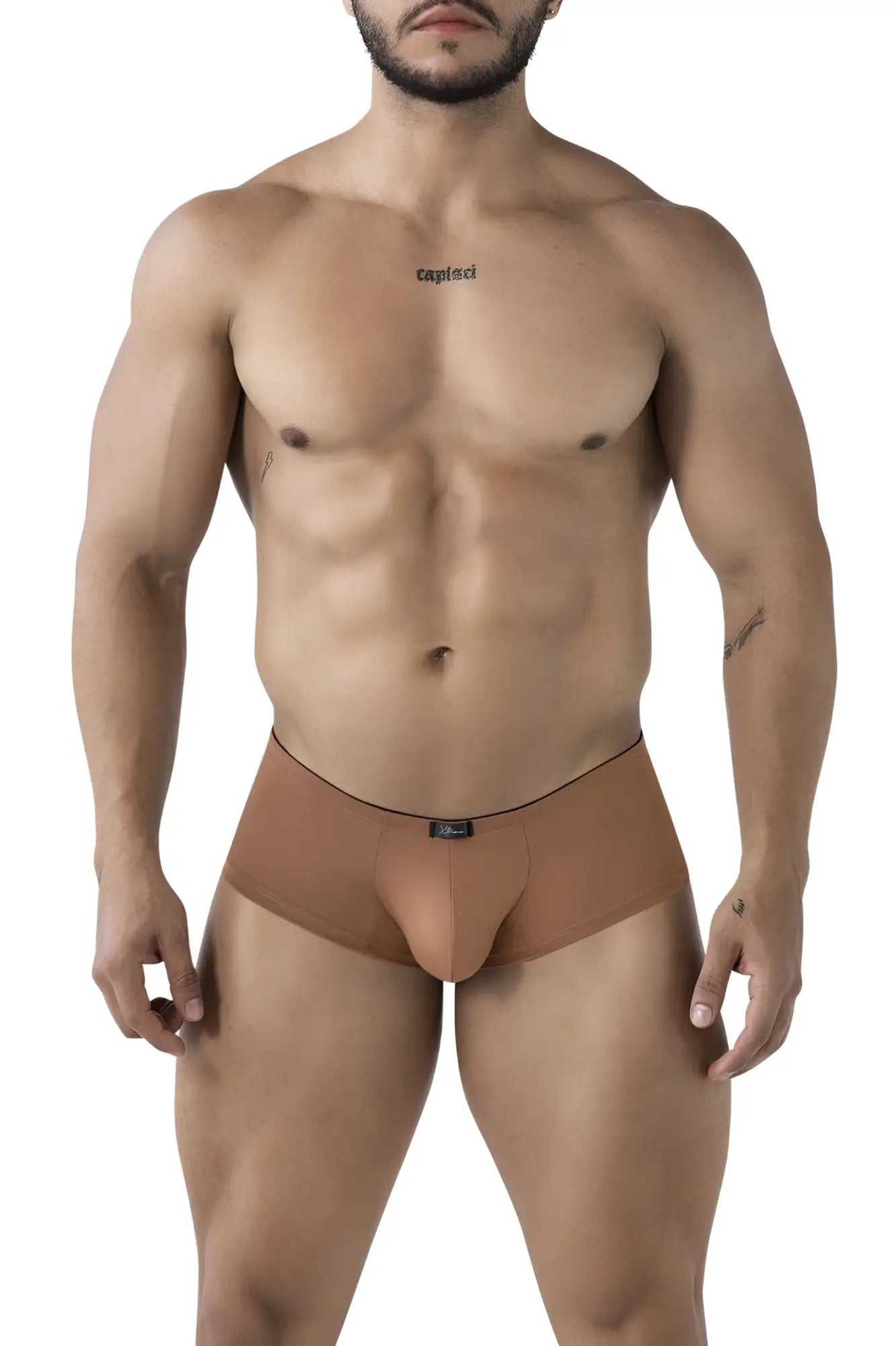 Tan xtremen 91240 microfiber trunks with form-fitting design and black elastic waistband featuring a brand tag