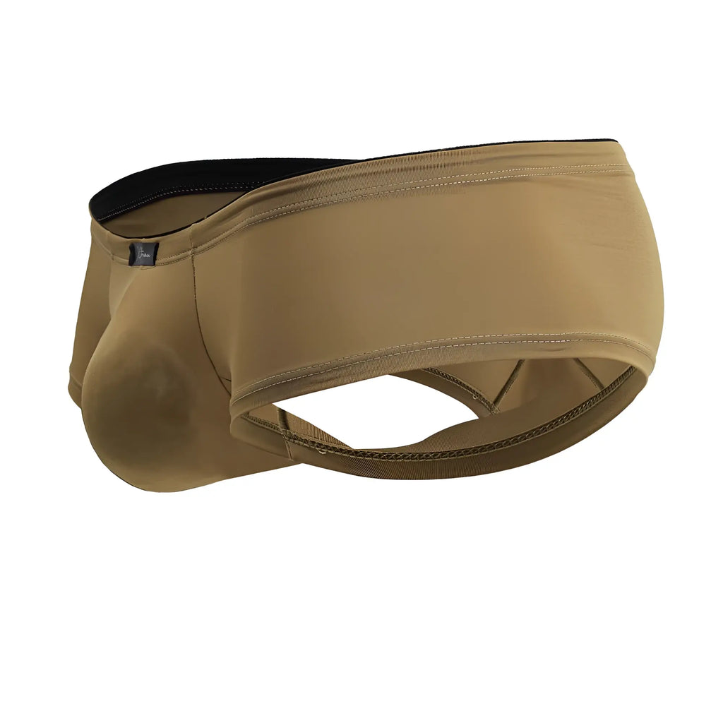 Tan xtremen 91240 microfiber men’s trunks with black elastic waistband and reinforced stitching in front view
