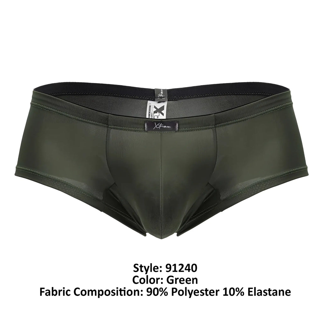 Dark green form-fitting men’s microfiber briefs with black elastic waistband and subtle Xtremen branding tags