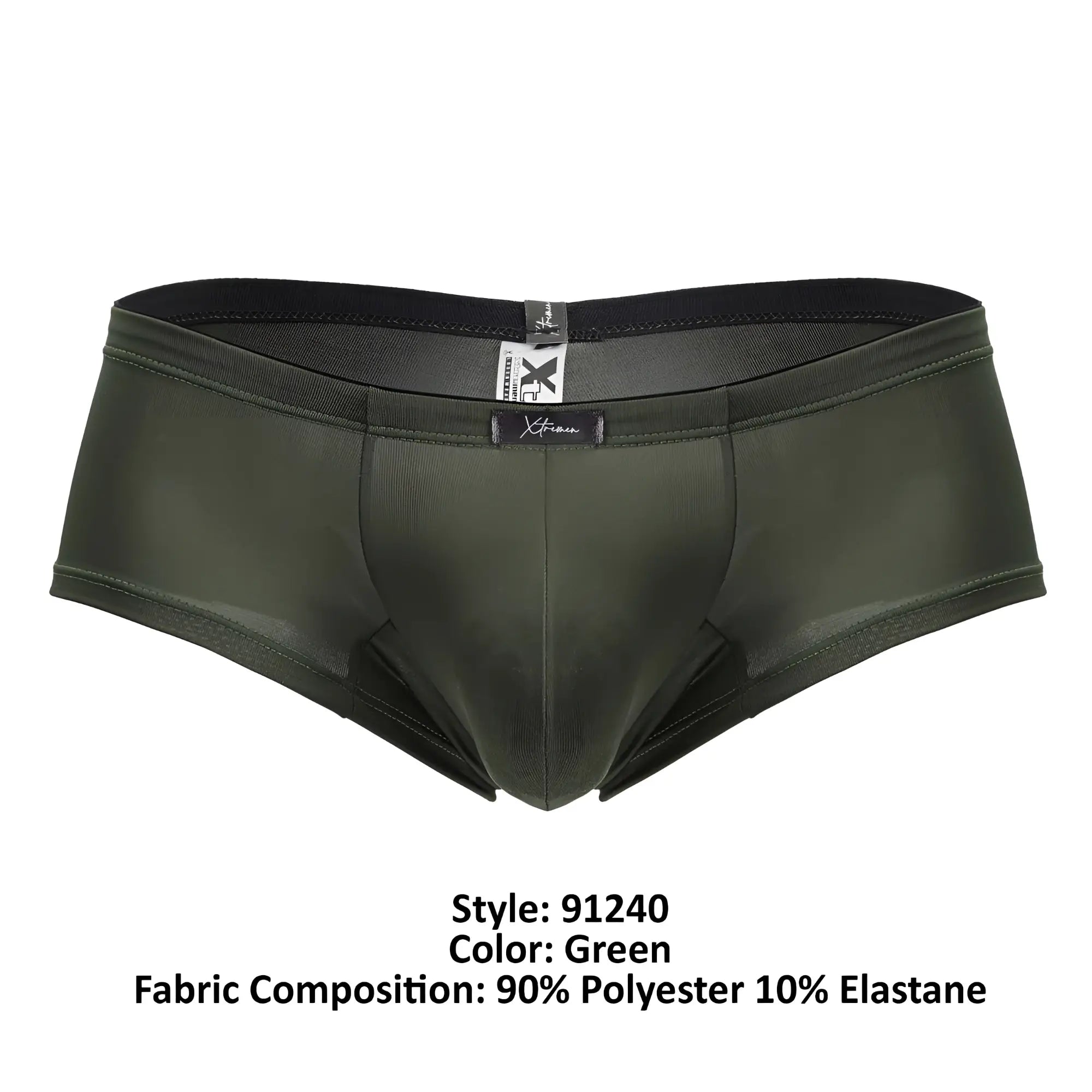 Dark green form-fitting men’s microfiber briefs with black elastic waistband and subtle Xtremen branding tags