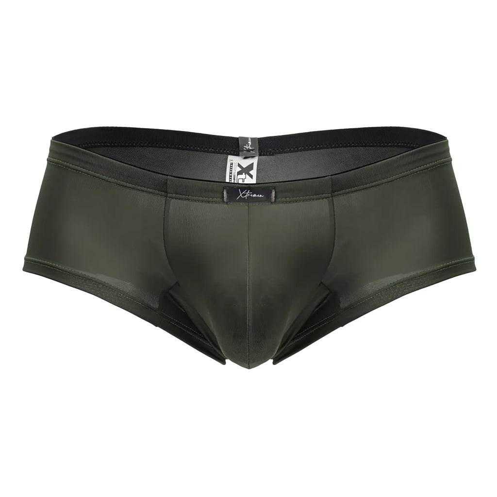 Dark olive green xtremen 91240 microfiber trunks with smooth shiny fabric and black elastic waistband for men