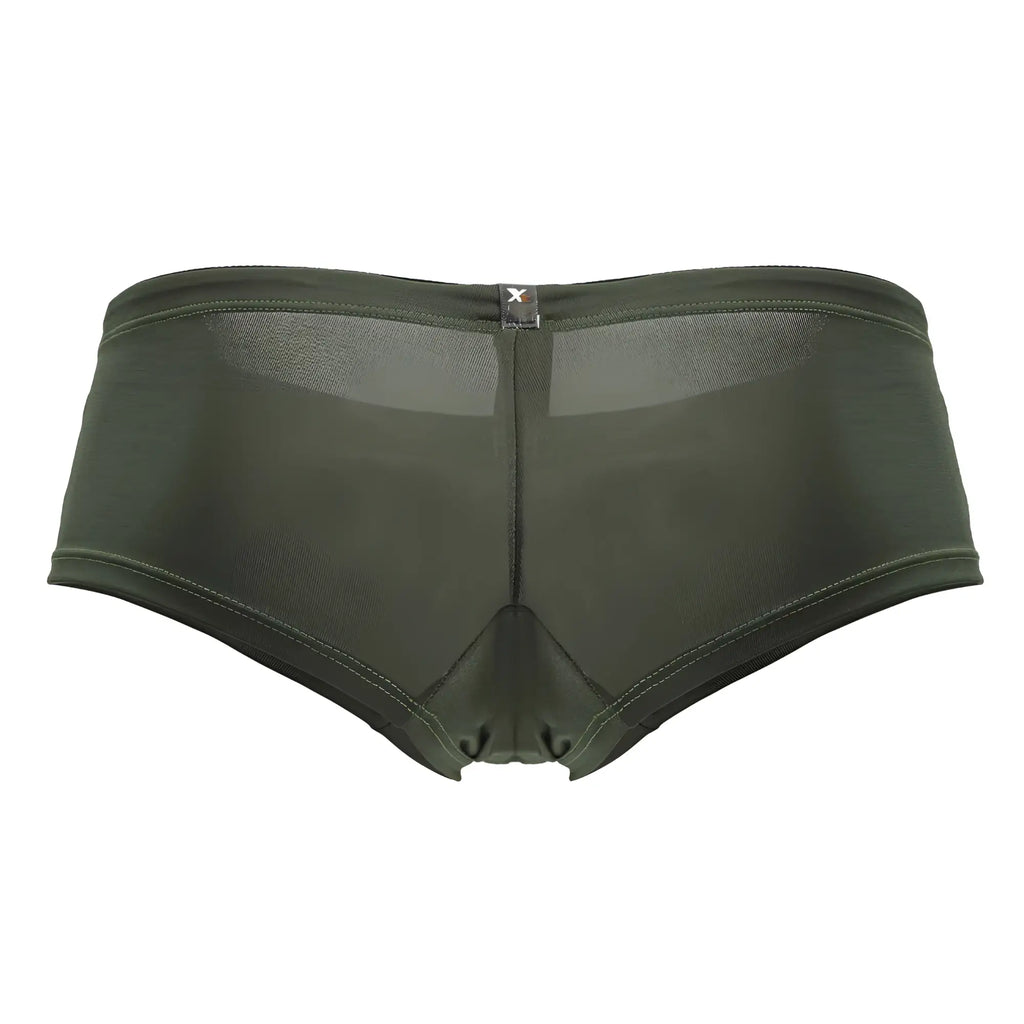 Olive green xtremen 91240 microfiber trunks with mesh sides and solid front and back featuring a black waistband tag