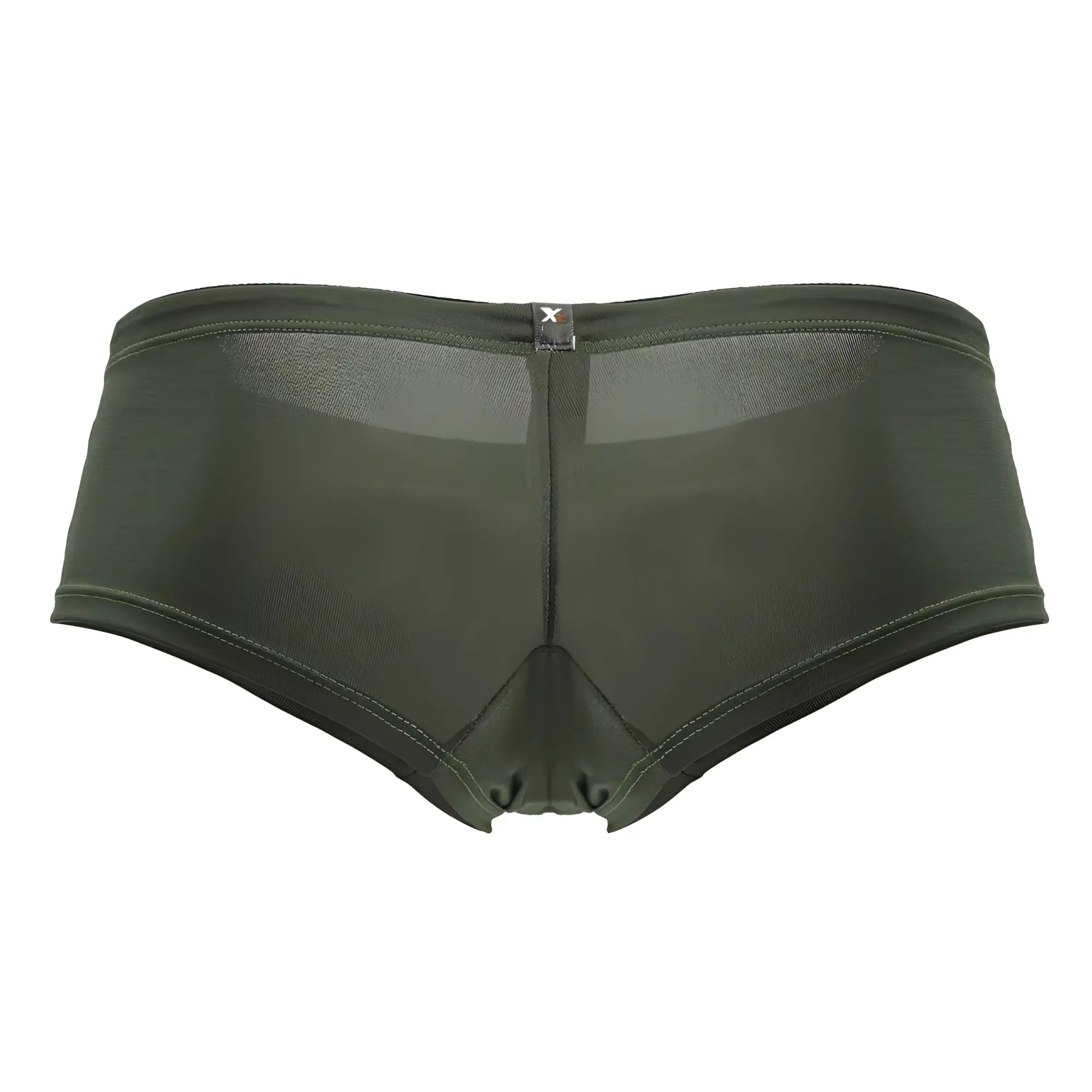 Olive green xtremen 91240 microfiber trunks with mesh sides and solid front and back featuring a black waistband tag