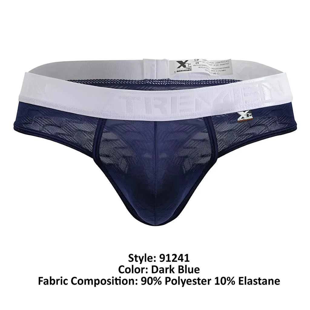 Dark blue lace-trimmed xtremen 91241 microfiber men’s briefs with white elastic waistband featuring tremein brand name