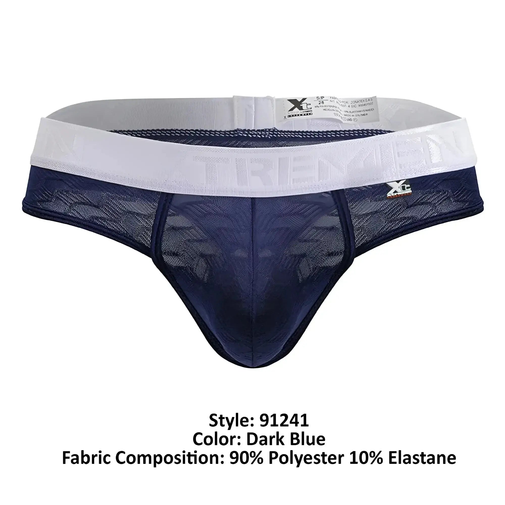 Dark blue lace-trimmed xtremen 91241 microfiber men’s briefs with white elastic waistband featuring tremein brand name