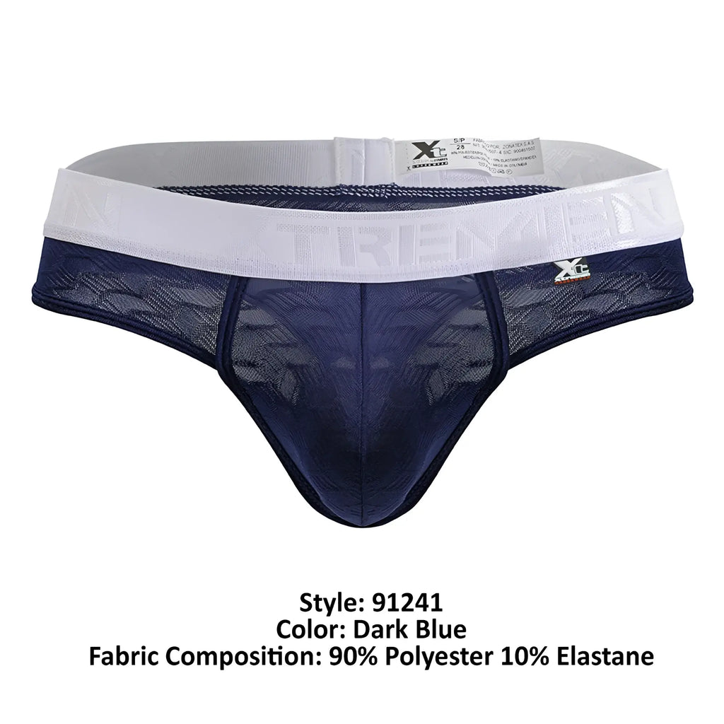 Dark blue lace-trimmed xtremen 91241 microfiber men’s briefs with white elastic waistband featuring tremein brand name