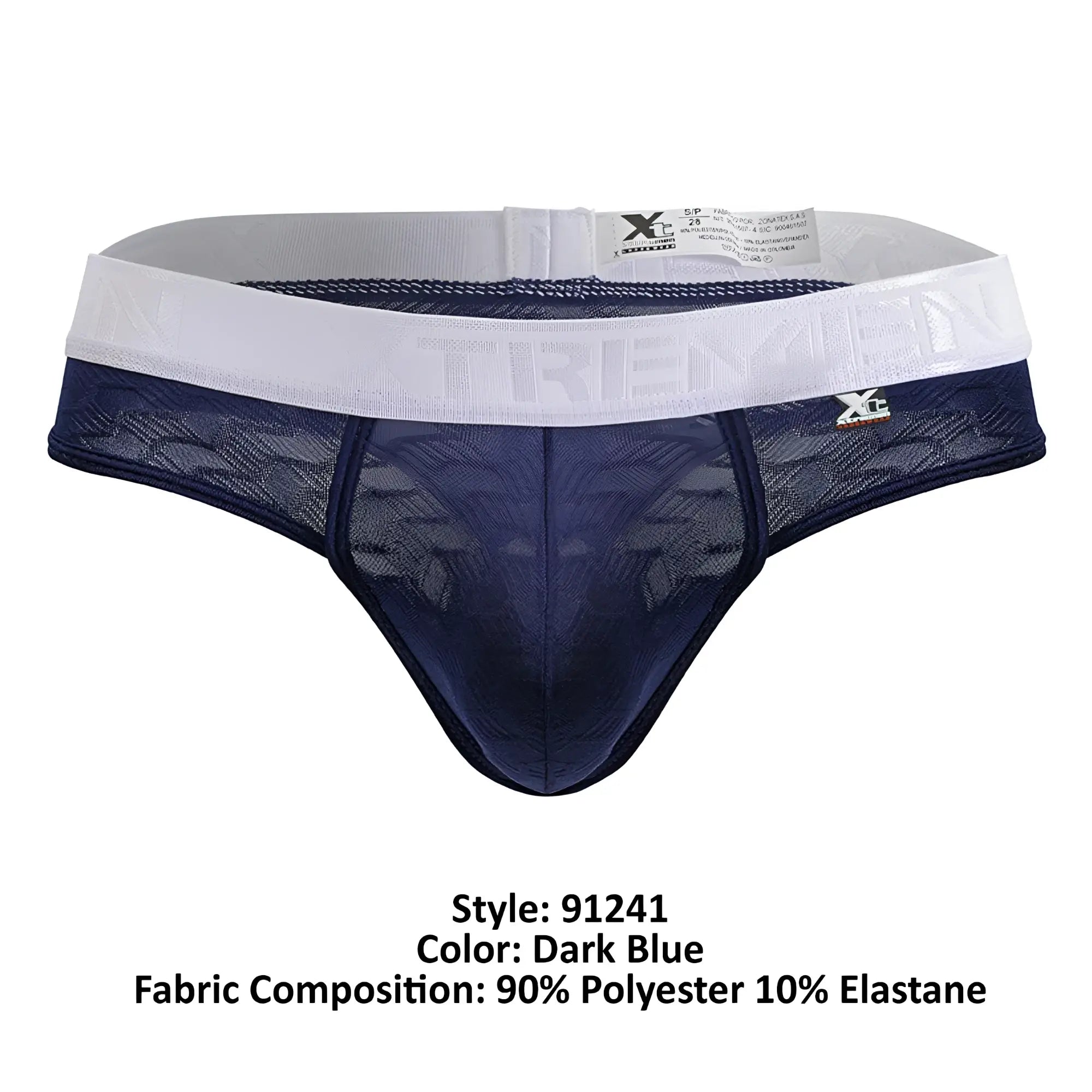 Dark blue lace-trimmed xtremen 91241 microfiber men’s briefs with white elastic waistband featuring tremein brand name