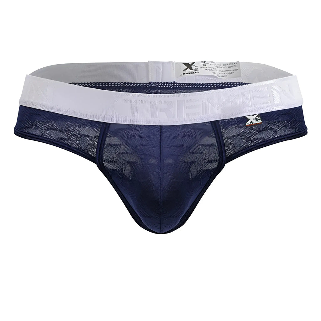 Navy blue lace thong with white elastic waistband and xtremen branding made of microfiber for comfortable wear