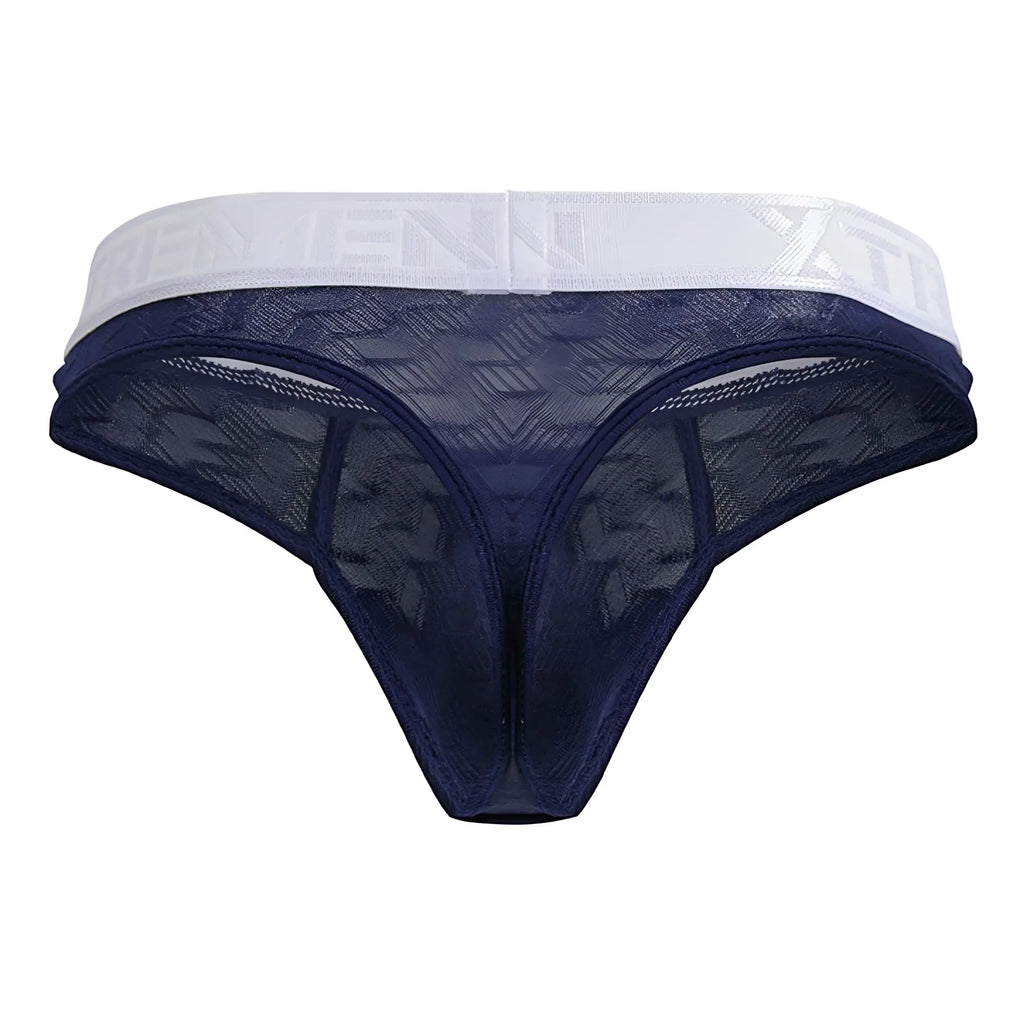 Navy blue microfiber lace thong with white elastic waistband and embossed lettering xtremen 91241 front view
