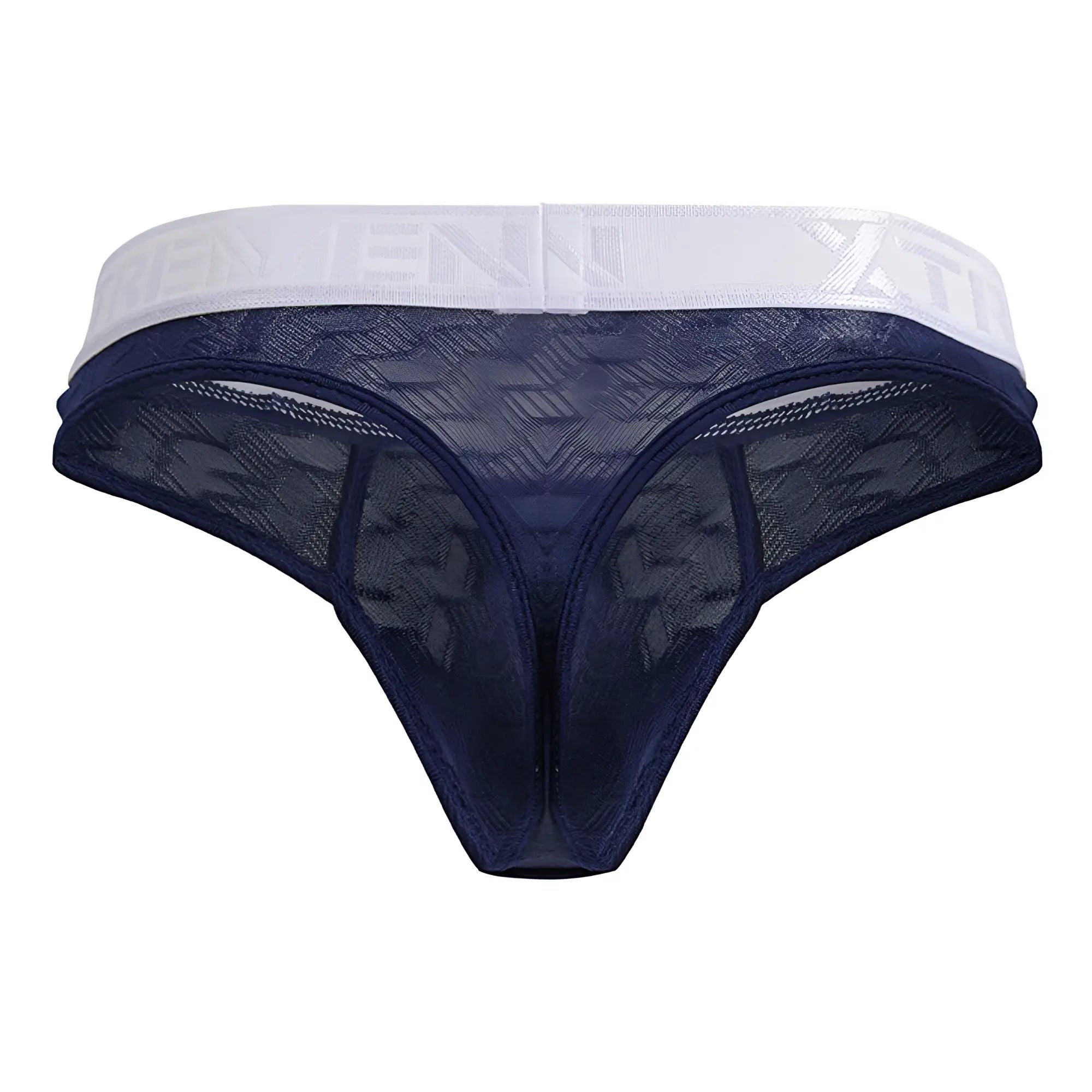 Navy blue microfiber lace thong with white elastic waistband and embossed lettering xtremen 91241 front view