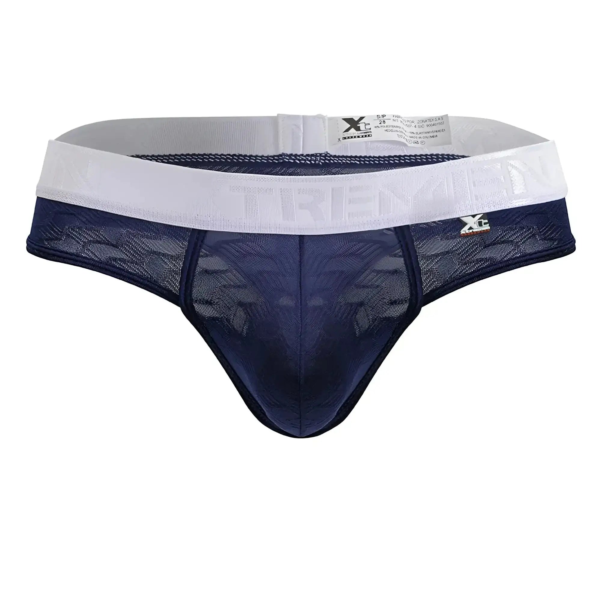 Navy blue lace thong with white elastic waistband and xtremen branding made of microfiber for comfortable wear