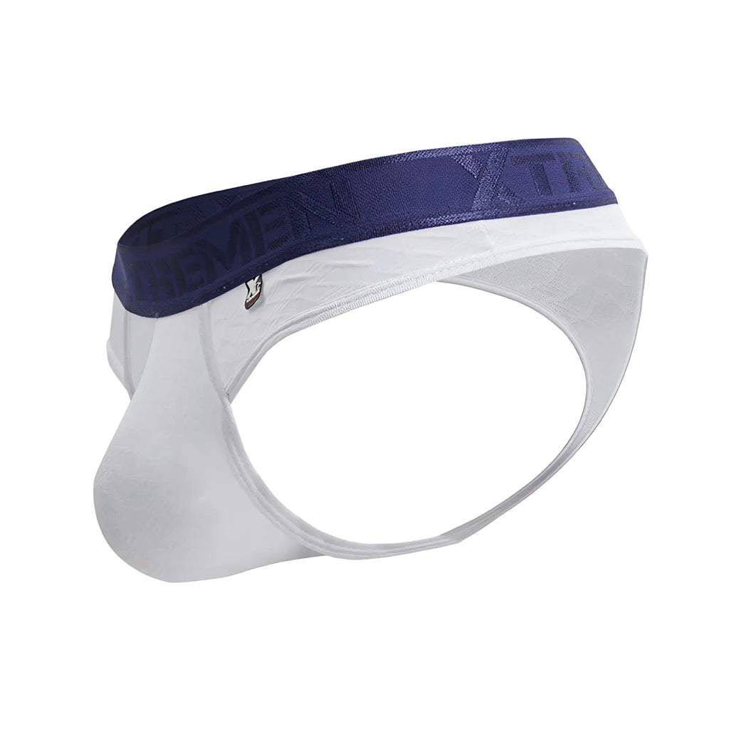White xtremen 91241 microfiber thongs with navy blue yiti logo waistband for men
