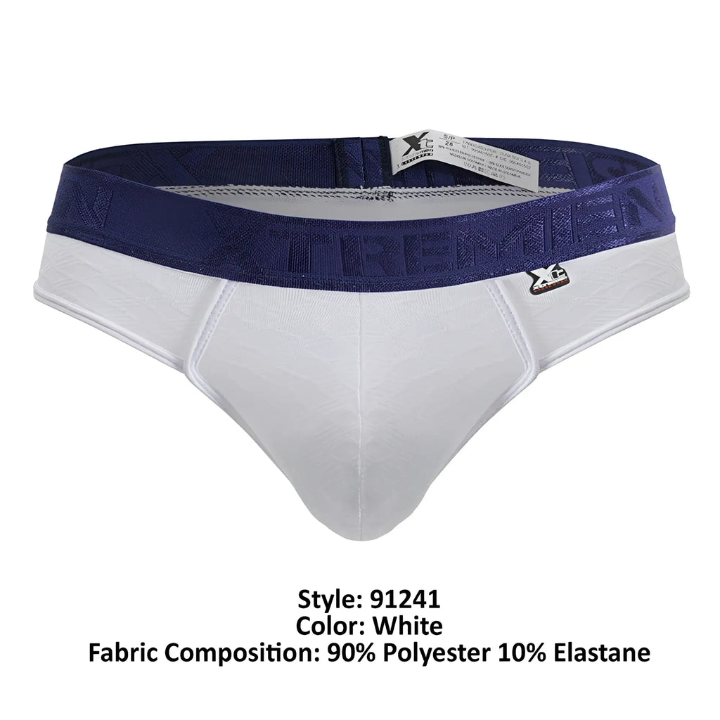 White xtremen 91241 microfiber thongs with a navy blue waistband and embroidered brand emblem