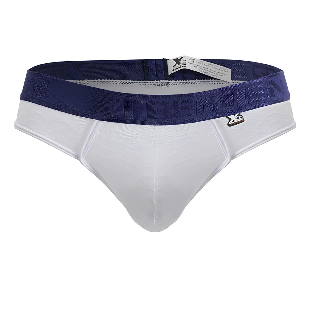 White and navy blue xtremen 91241 microfiber men’s briefs with textured waistband featuring xtreme logo