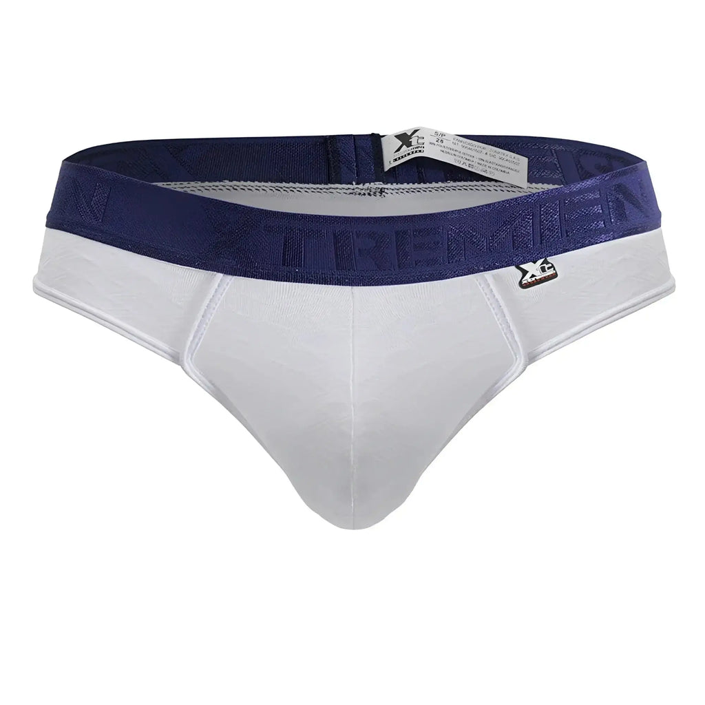 White and navy blue xtremen 91241 microfiber men’s briefs with textured waistband featuring xtreme logo