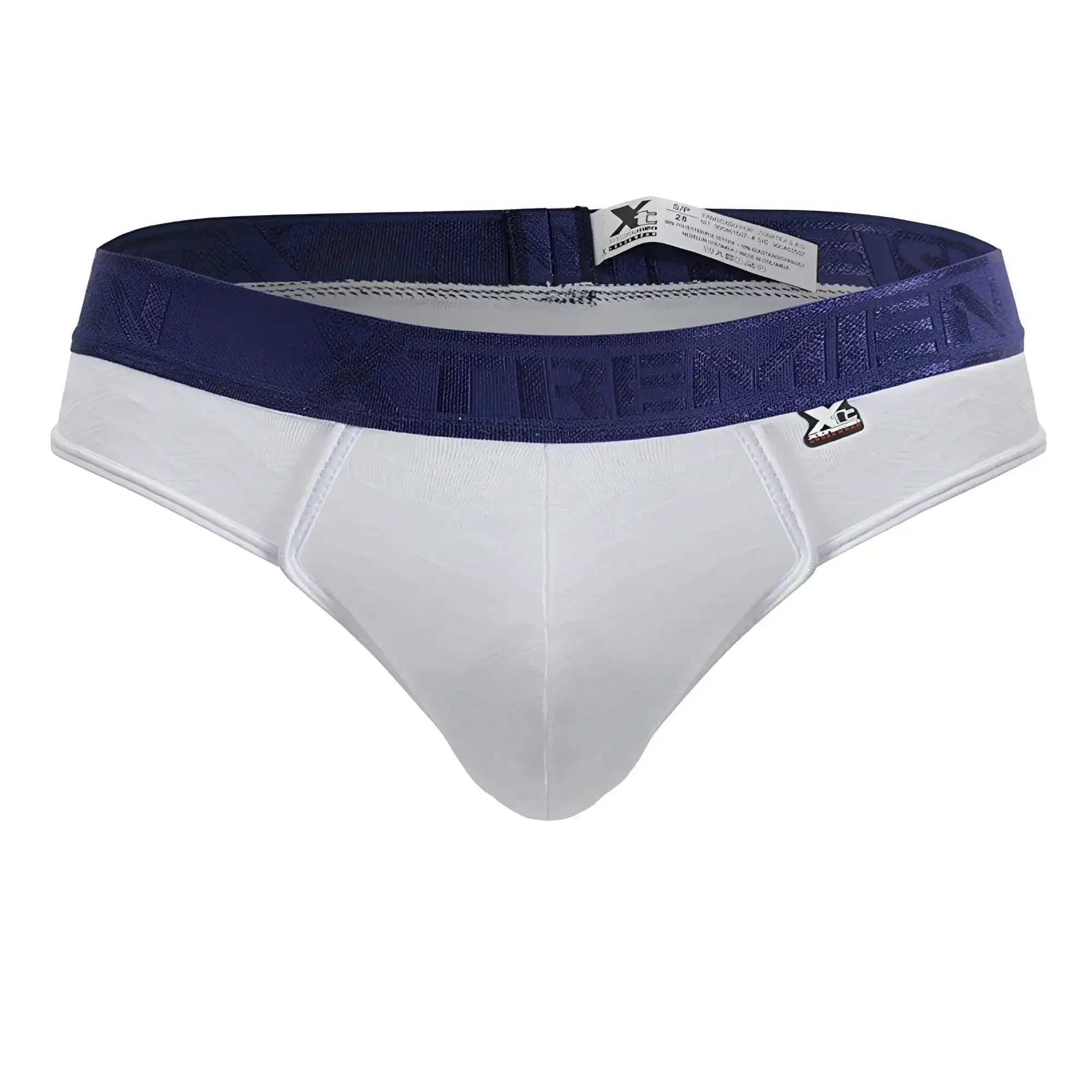 White and navy blue xtremen 91241 microfiber men’s briefs with textured waistband featuring xtreme logo