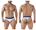 White and navy blue microfiber briefs with a snug fit featuring the brand name urem on the waistband