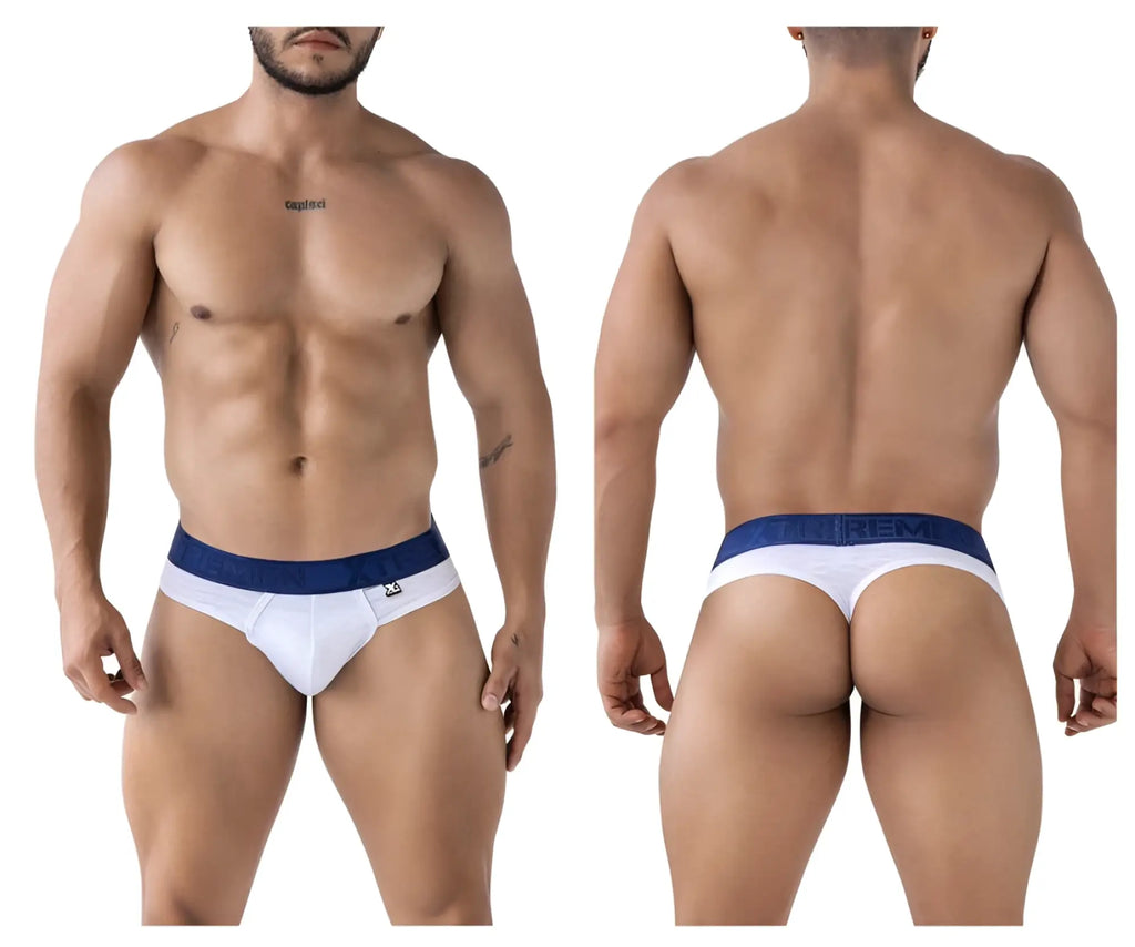 White and navy blue microfiber briefs with a snug fit featuring the brand name urem on the waistband
