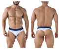 White and navy blue microfiber briefs with a snug fit featuring the brand name urem on the waistband