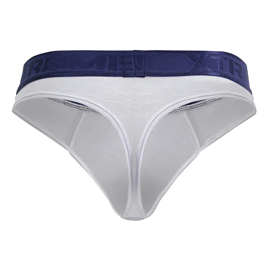 White microfiber thong with navy blue supreme logo elastic waistband xtremen 91241 for comfortable wear