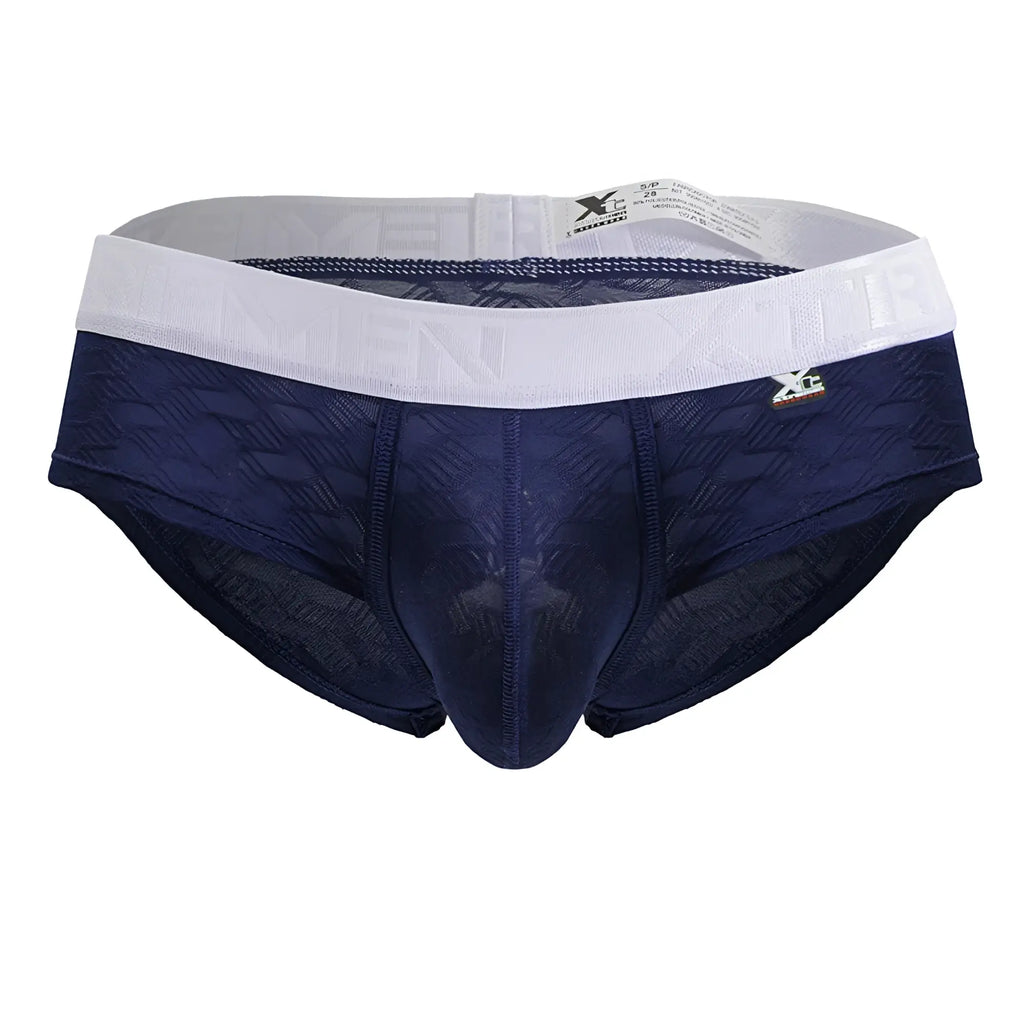 Navy blue textured microfiber men’s briefs with a white elastic waistband and gold xc branding from Xtremen 91242