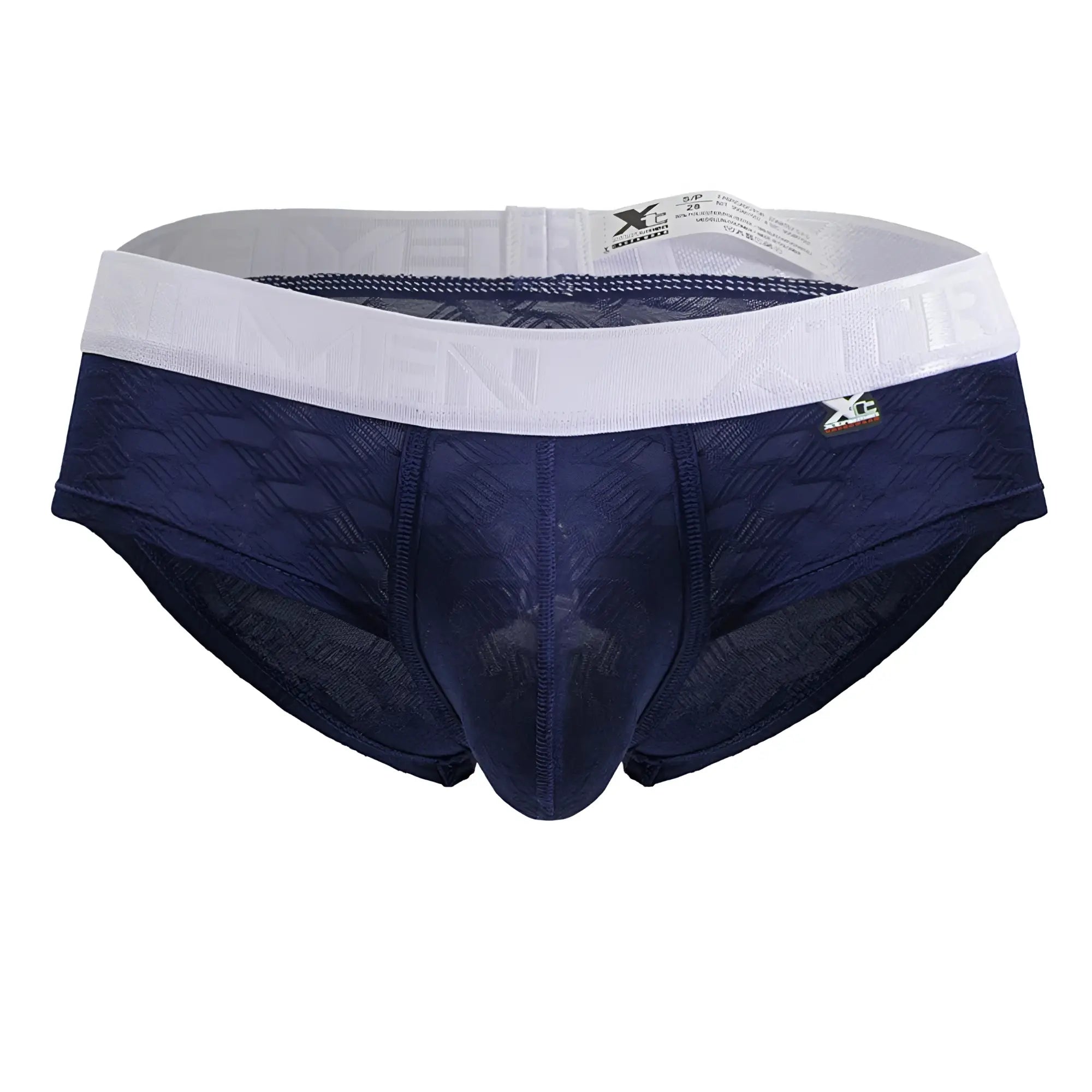 Navy blue textured microfiber men’s briefs with a white elastic waistband and gold xc branding from Xtremen 91242