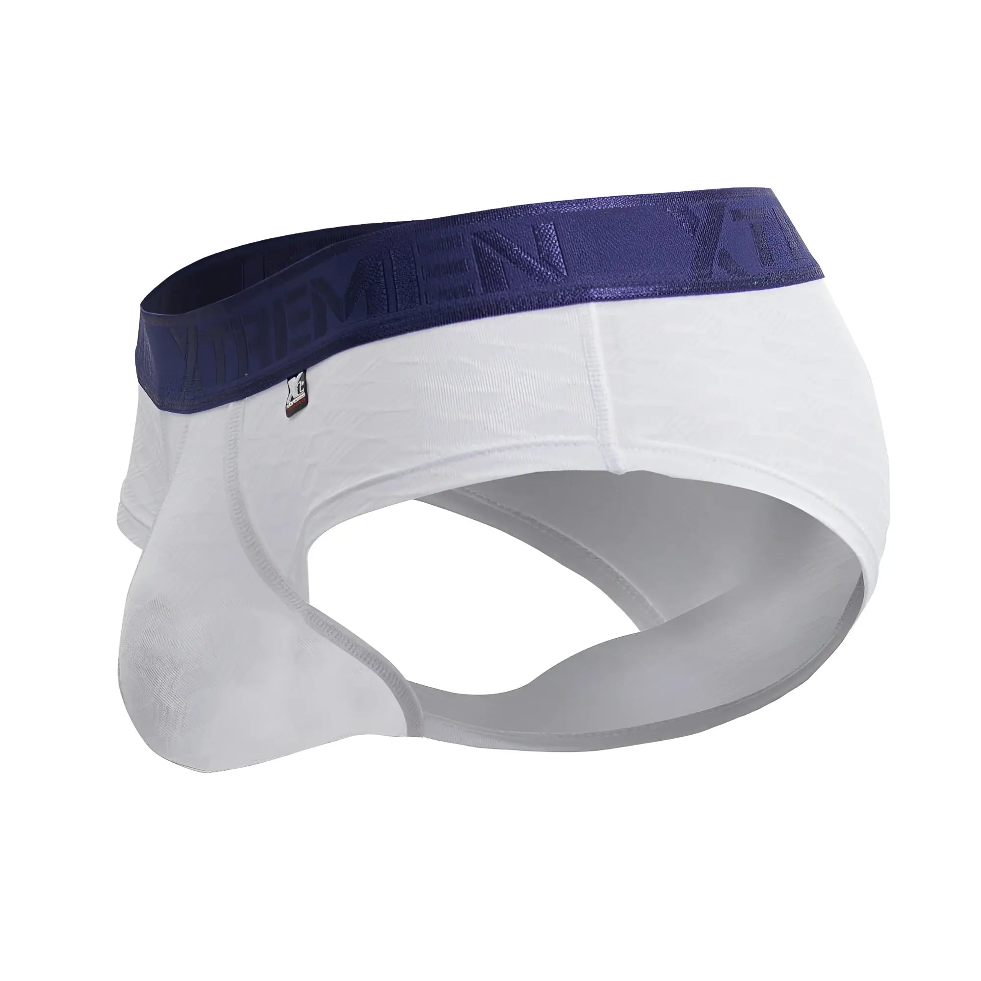 White xtremen 91242 microfiber briefs with a navy blue yxmen embossed elastic waistband