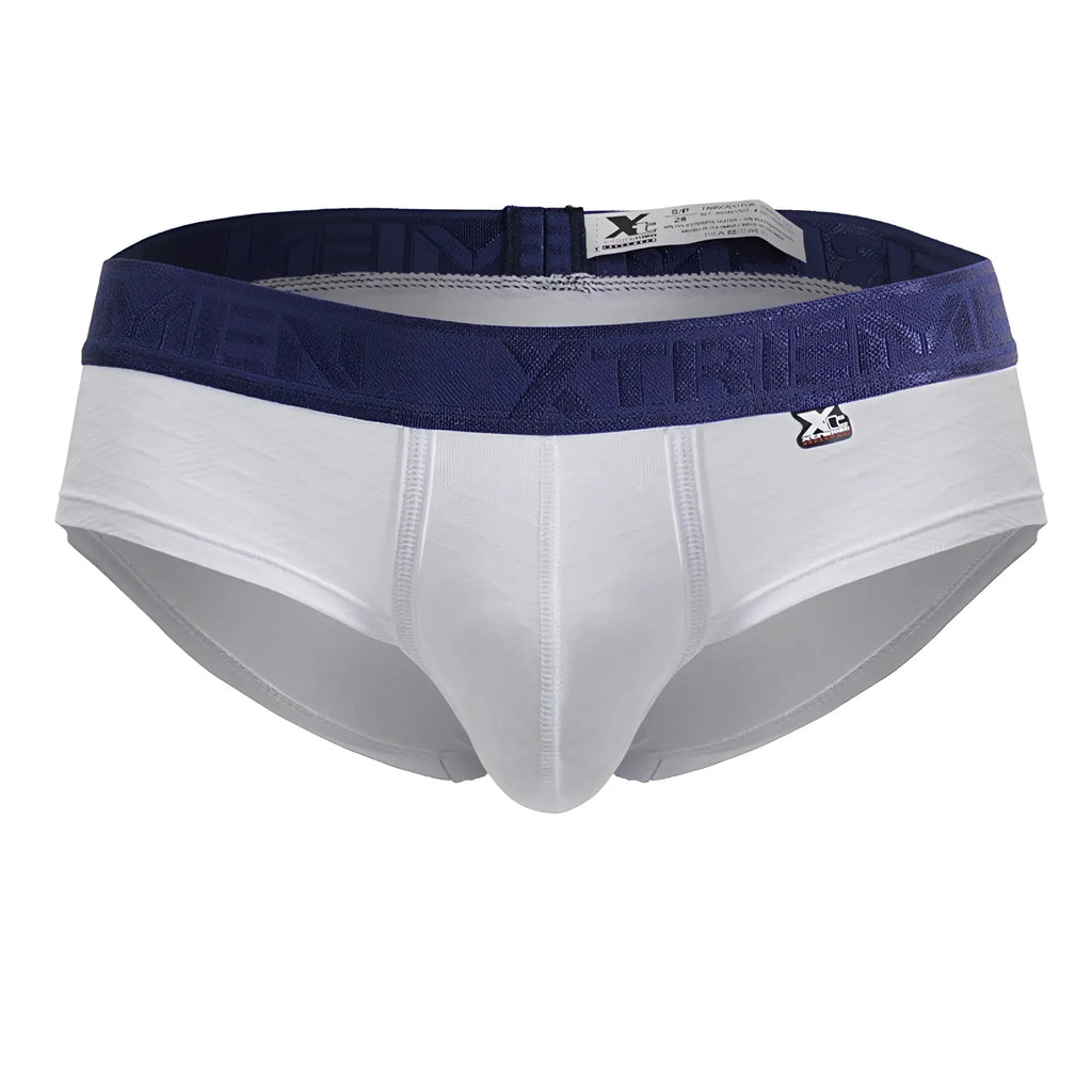White xtremen 91242 microfiber briefs with navy elastic waistband featuring raised xtreme logo and front branded tag