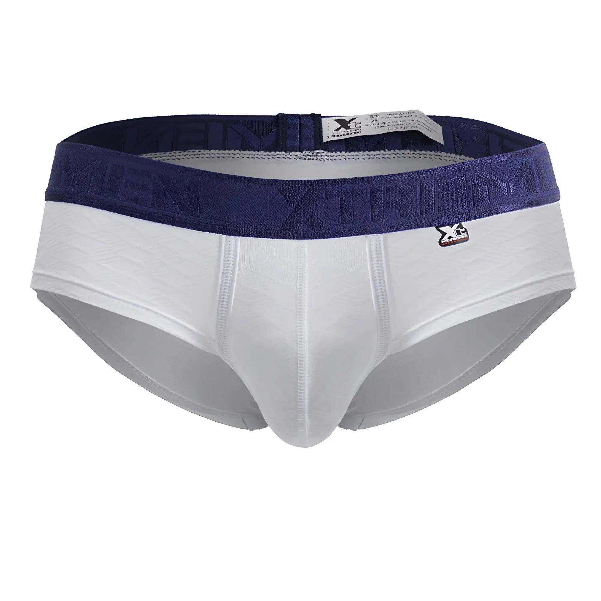 White xtremen 91242 microfiber briefs with navy elastic waistband featuring raised xtreme logo and front branded tag