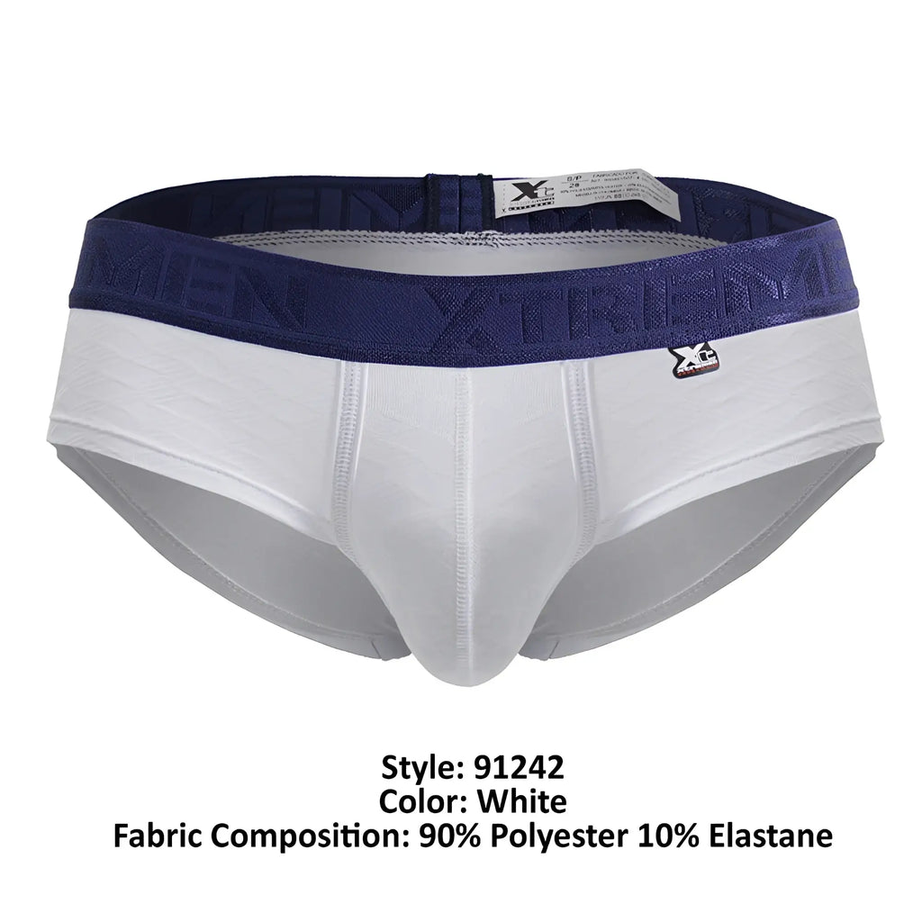 White xtremen 91242 microfiber briefs featuring navy blue xtreme logo waistband and side branded tag