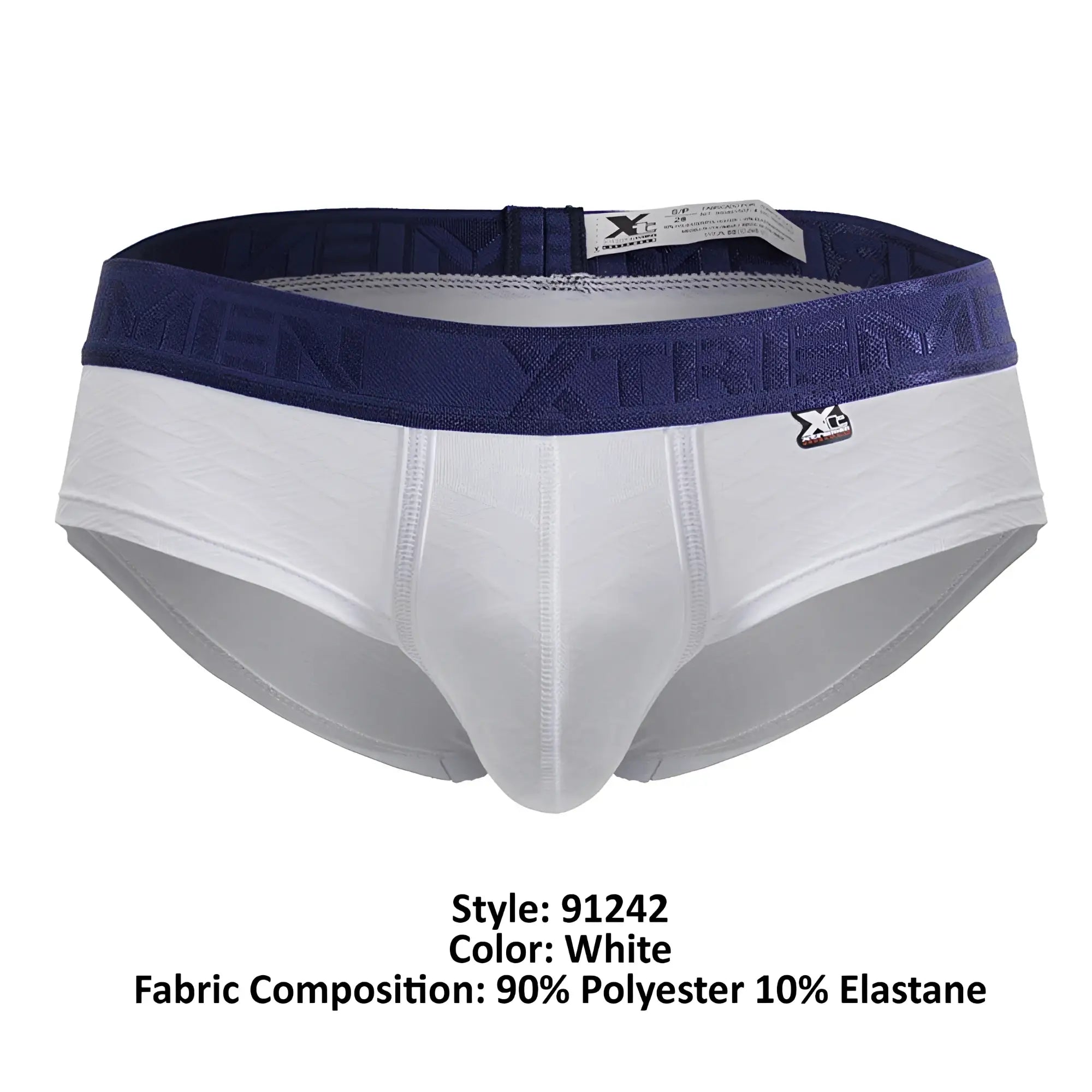 White xtremen 91242 microfiber briefs featuring navy blue xtreme logo waistband and side branded tag