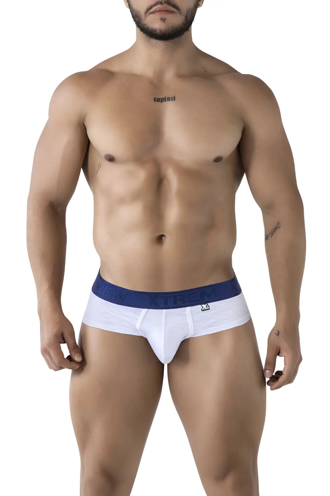 White Xtremen 91242 microfiber briefs with a navy blue waistband featuring the salvatore brand name in white lettering