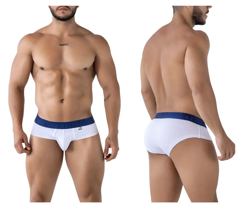 White xtremen 91242 microfiber briefs with a navy blue waistband and small front logo for comfortable wear