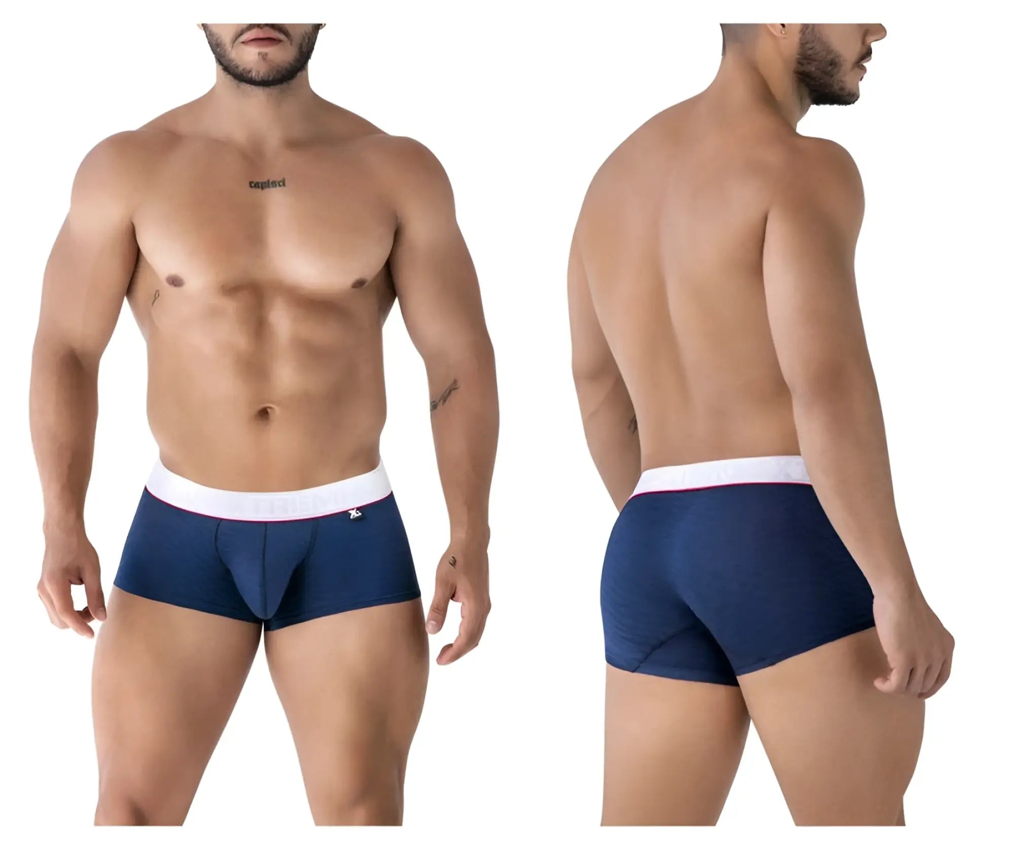 Navy blue xtremen 91243 microfiber trunks with white waistband red trim and small logo on the front