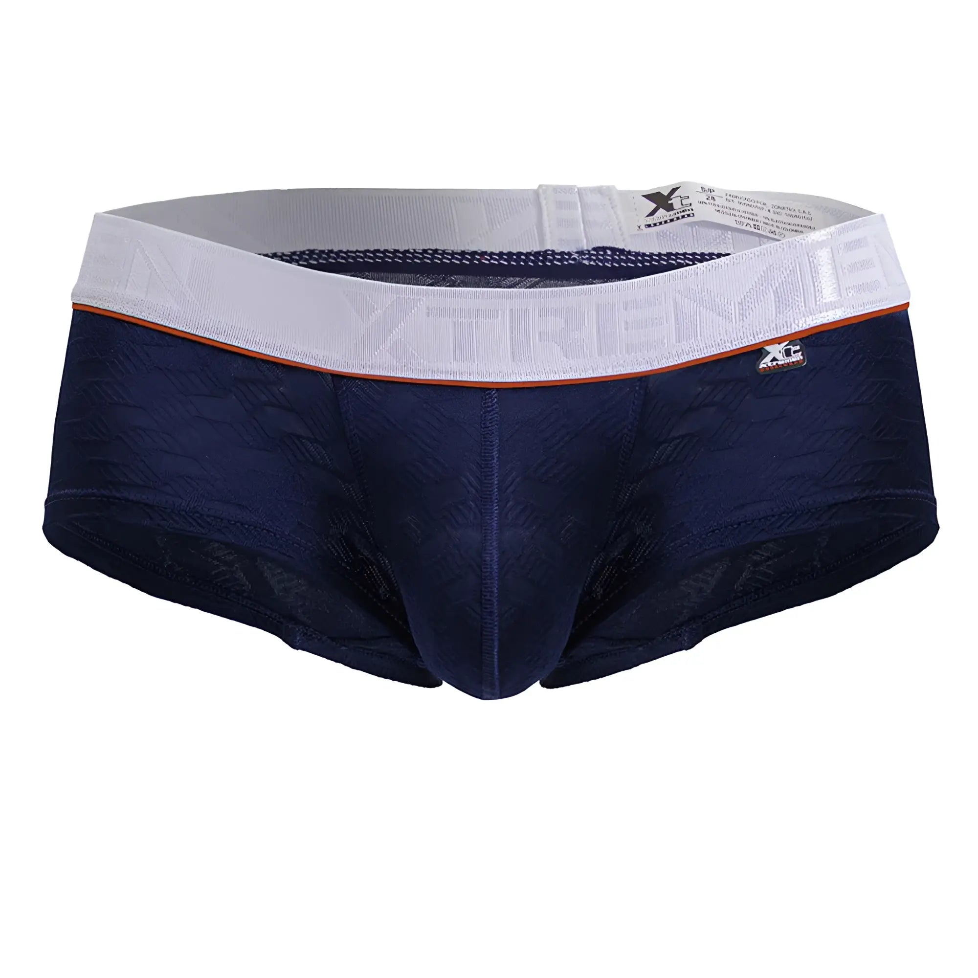 Navy blue lace-trimmed xtremen 91243 microfiber men’s briefs with white elastic waistband and orange accent stripe