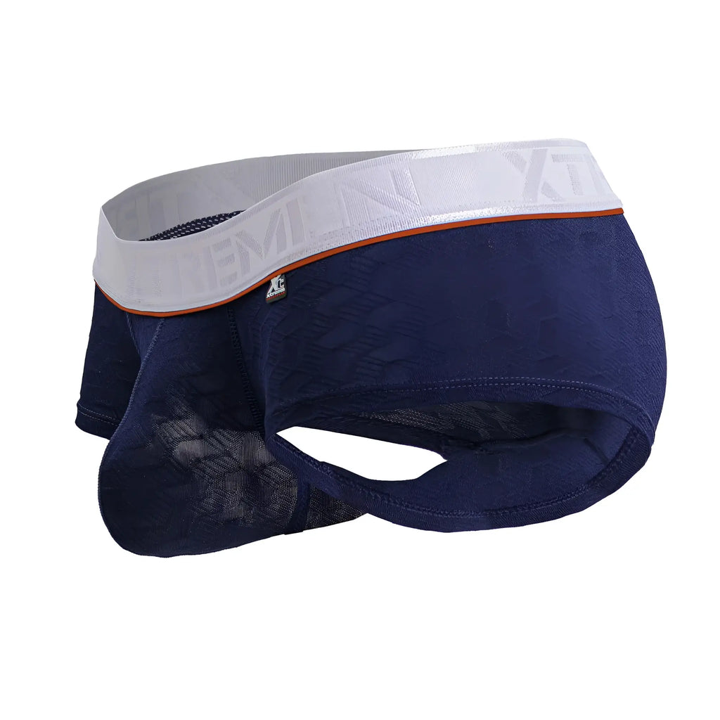 Navy blue Xtremen 91243 microfiber trunks with lace trim and white elastic waistband with orange trim and branding