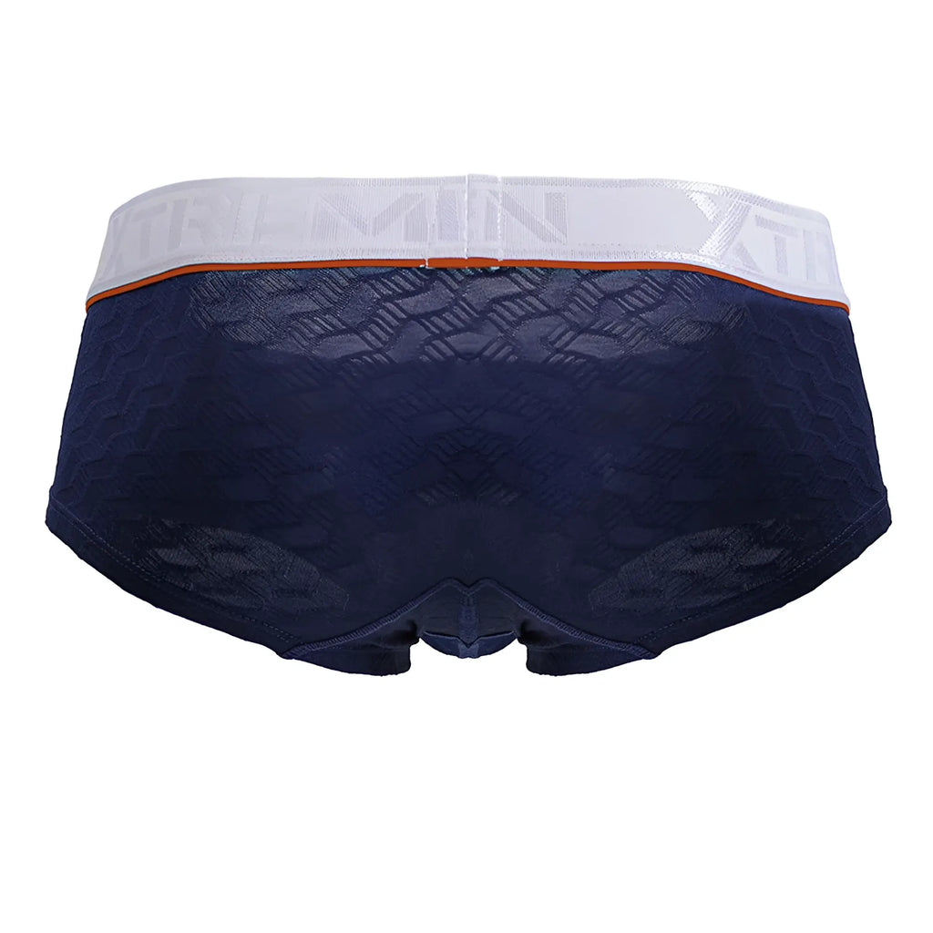 Navy blue xtremen 91243 microfiber trunks with lace trim white elastic waistband orange accent stripe and embossed branding
